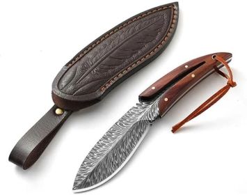 Meat Cleaver, Cleaver Knife, Kitchen Hunting Camping Knife, Stainless Steel, Feather Pattern, With Sheath