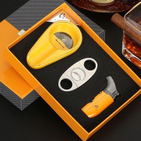 GALINER Travel Cigar Accessories Set Metal Butane Gas Lighter Cigar Cutter Tobacco Guillotine Home Ceramic Cigar Ashtrays (Color: Yellow)