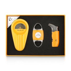GALINER Luxury Cigar Set Ceramic Ashtray Metal Windproof 2 Torch Cigar Lighter With Cigar Drill Sharp Cutter Guillotine Gift Box (Color: TC-70B-Y)